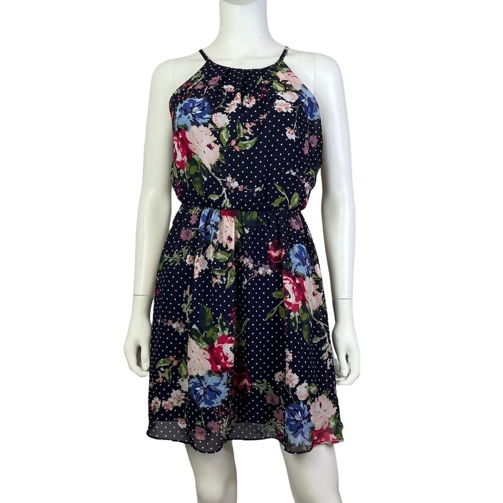 Cottagecore Floral Polka Dot Chiffon Dress Keyhole Sleeveless Boho Fortune+Ivy S